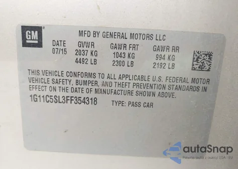 2015 Chevrolet Malibu 1Lt from USA, damaged, VIN 1G11C5SL3FF354318